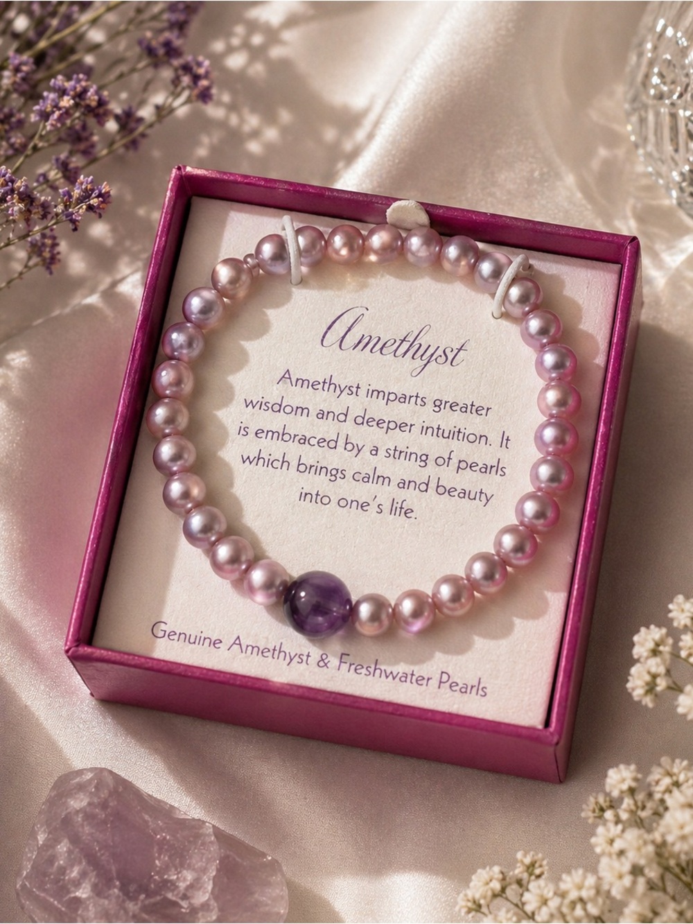 Genuine Amethyst & Freshwater Pearl Stretch Bracelet Purple Beaded
